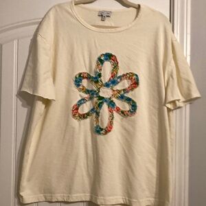 Cream Tee with Colorful Floral Design ream knit top